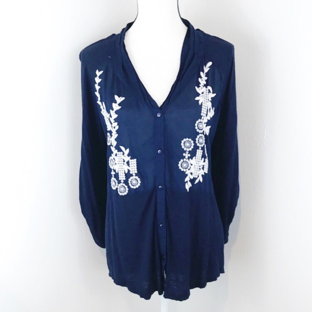 Solitaire Boho Embroidered 3/4 Sleeve Blouse Navy